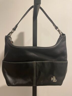 Ralph Lauren vintage Black Leather Shoulder Hobo with RL Monogram